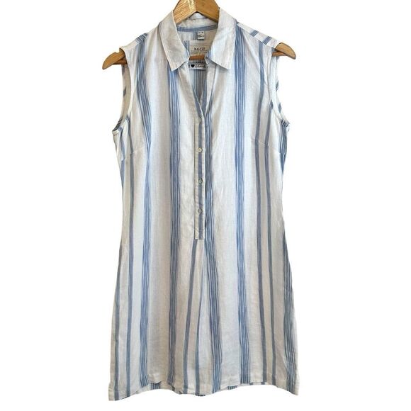 Malvin White and Blue Stripe Linen Sleeveless Mini Shirt Dress Size Small - Picture 1 of 5